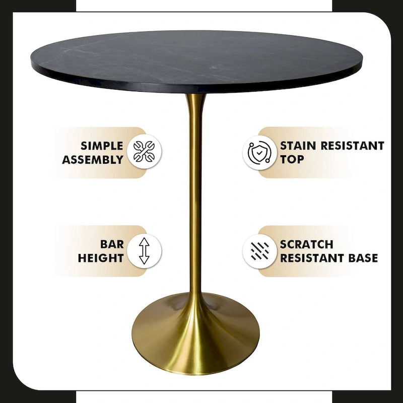36 Round Dining Table with MDF Wood TableTop and Brushed Gold Base for Kitchen & Dining Room