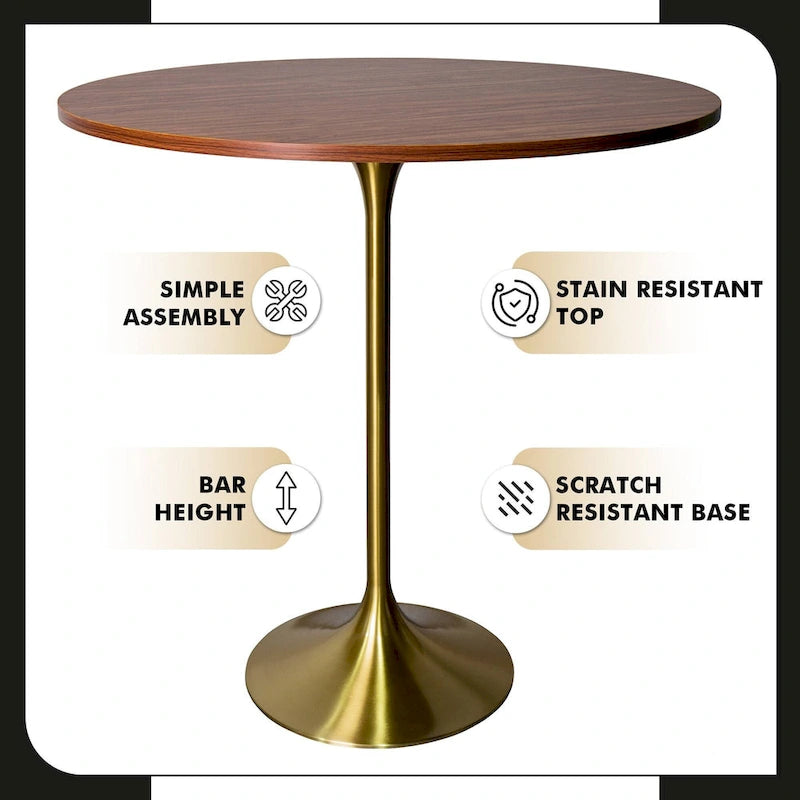 Table à manger ronde de 36 po avec plateau en MDF et base dorée brossée pour cuisine et salle à manger
