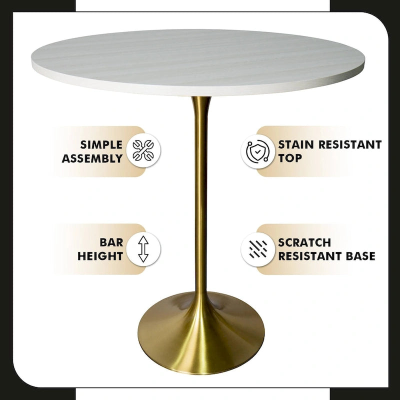 Table à manger ronde de 36 po avec plateau en MDF et base dorée brossée pour cuisine et salle à manger