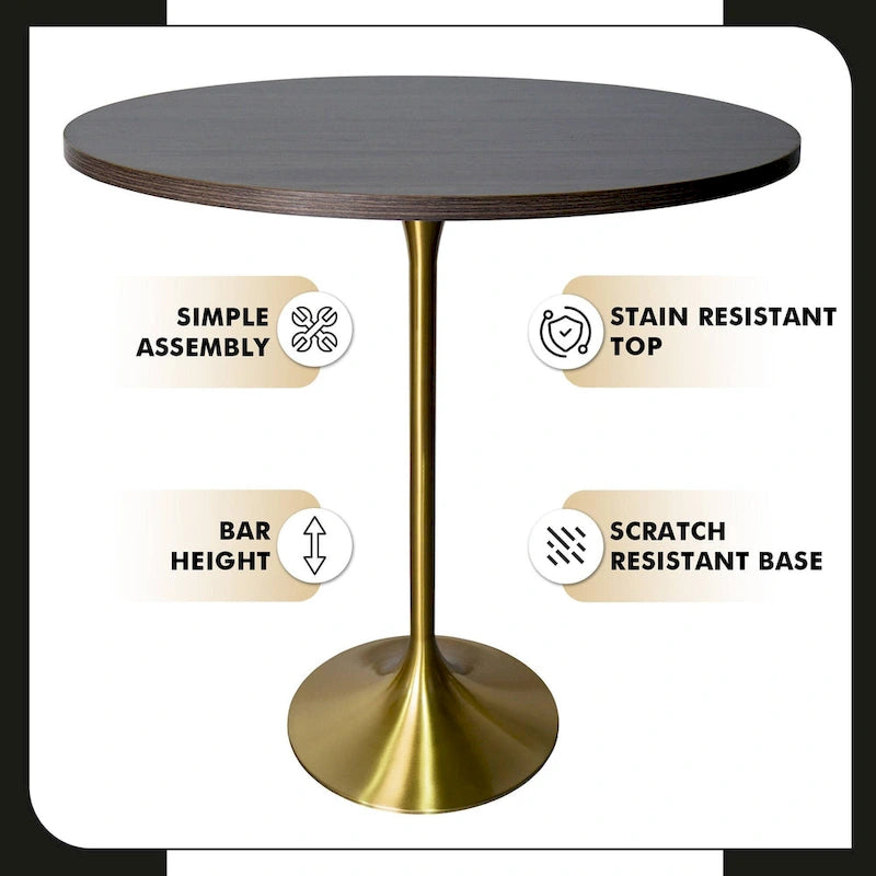 Table à manger ronde de 36 po avec plateau en MDF et base dorée brossée pour cuisine et salle à manger