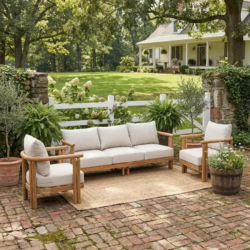 ModernLuxe Ensemble de canapés de patio 3 pièces, salon de conversation extérieur résistant aux intempéries avec coussins moelleux et fauteuils club, beige et teck